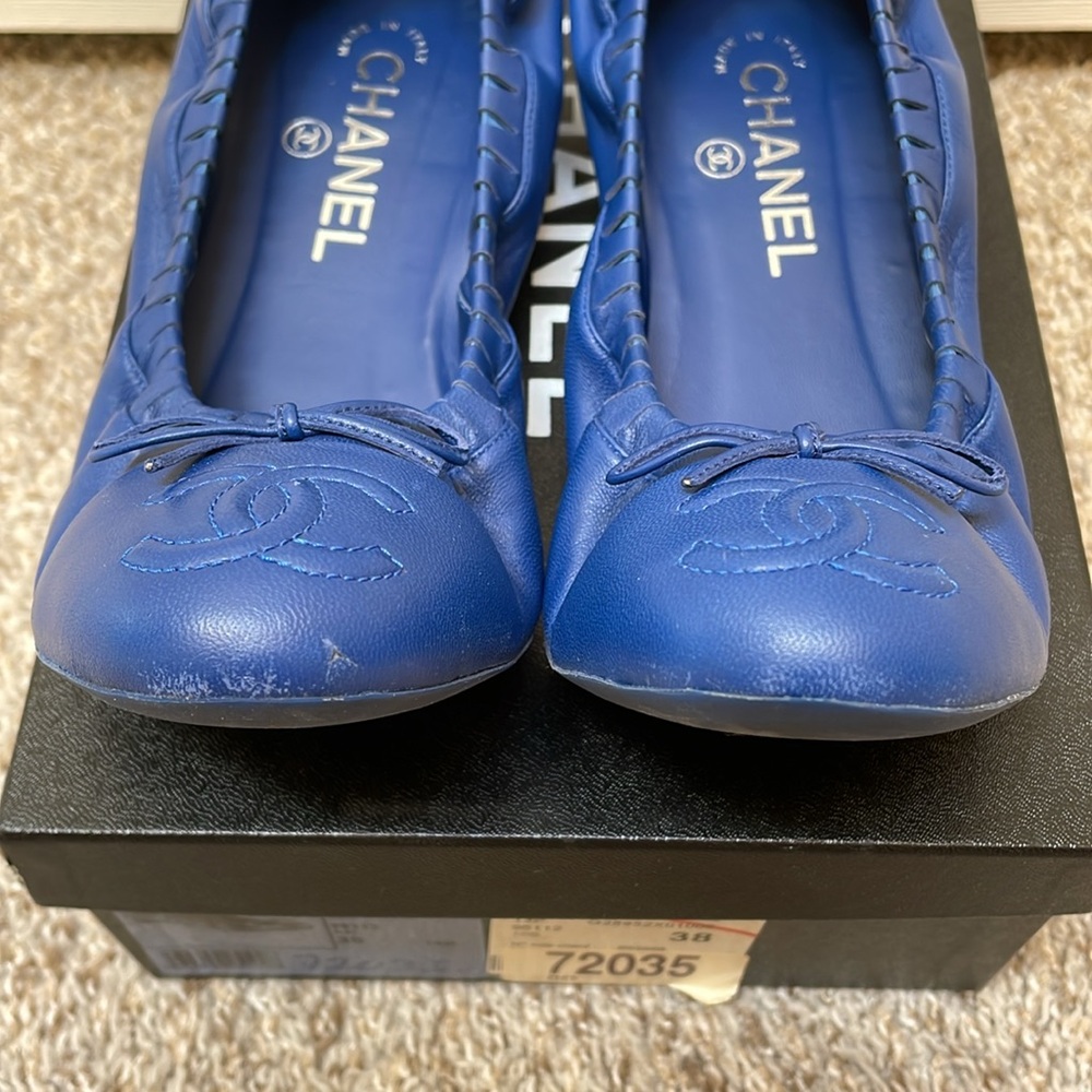 Chanel Classic Captoe Stretch Scrunch Ballerina Ballet Flats Blue Size 38 - Picture 4 of 10